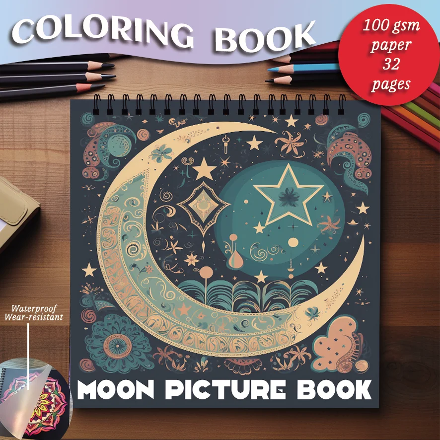 Adult Women Coloring Book 7.87x 7.87 inches 32 pages Moon Coloring Book Helps to soothe, back to school gift, gift for family