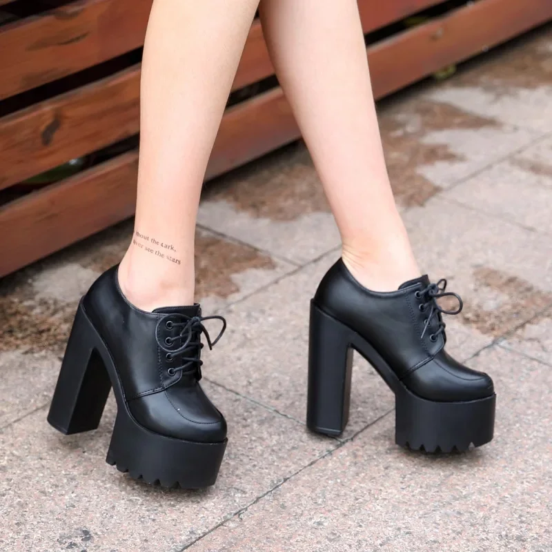 Hot Fashion New Waterproof 14.5CM Thick High High-heeled Shoes Woman Pumps Wedding Party Shoes PU Lace Up Round Toe Shoes Woman