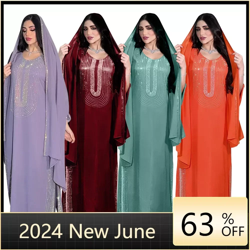 2024 Purple Orange Muslim Summer Autumn Elegant Long Sleeve V-neck Polyester Long Dress Maxi Dress Muslim Fashion Dresses