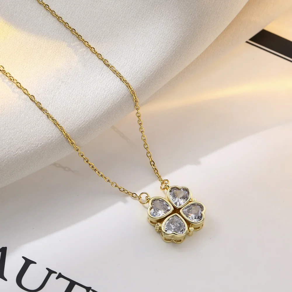 Elegant Can Open Zircon Four Clover Pendant Necklaces for Women Girls Romantic Stainless Steel Chain Jewelry Accessories Gifts