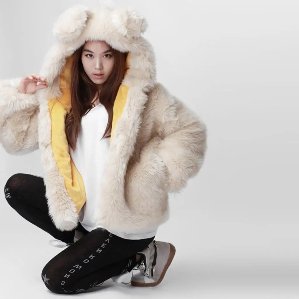 

Creative Women's Hooded Fur Coat with Ear Bear Design Cute Imitation Rabbit Fur Fresh Style for Girls