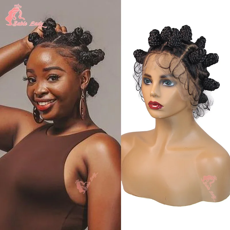 

Bantu Knots Lace Braided Wigs Synthetic Full Lace Front Wigs Boho Short Bob Braids Wig Goddess Box Braiding Hair for Black Women