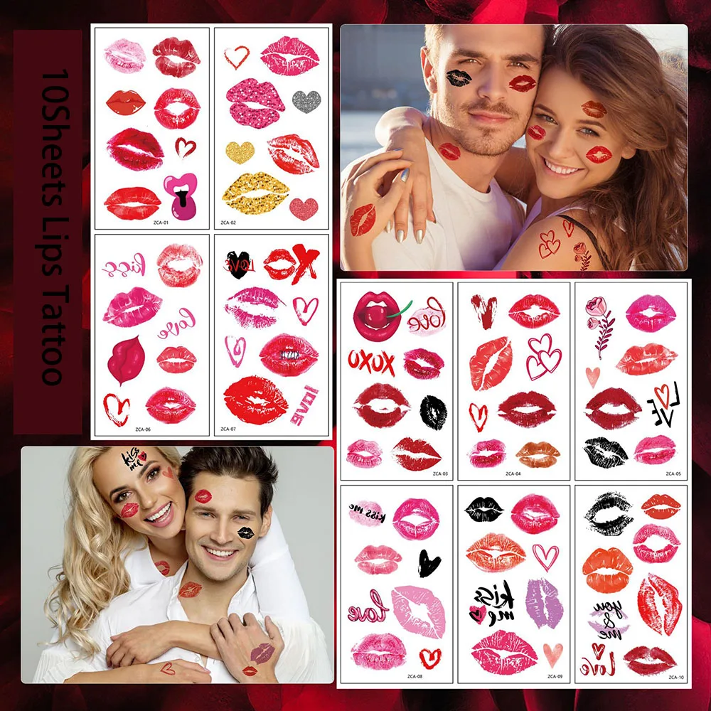 10 Sheets Romantic Lips Red Heart Temporary Waterproof Tattoos Sticker for Valentine's Day Wedding Anniversary Party Decoration