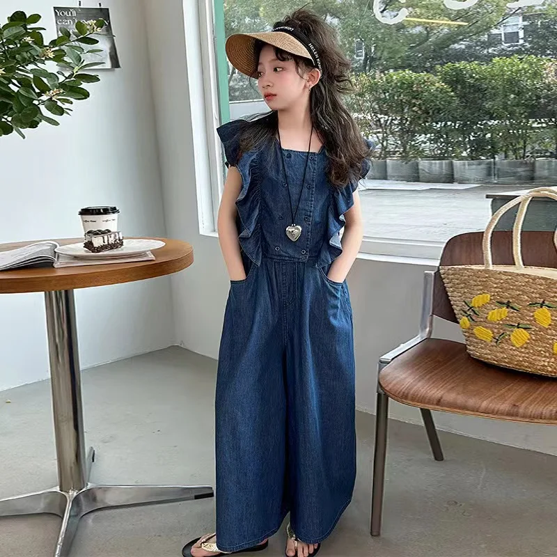 2024 Summer Girls Short sleeved Set Children's Fashionable and Fashionable Sports and Leisure Denim Set, Suitable for 5-15 Years