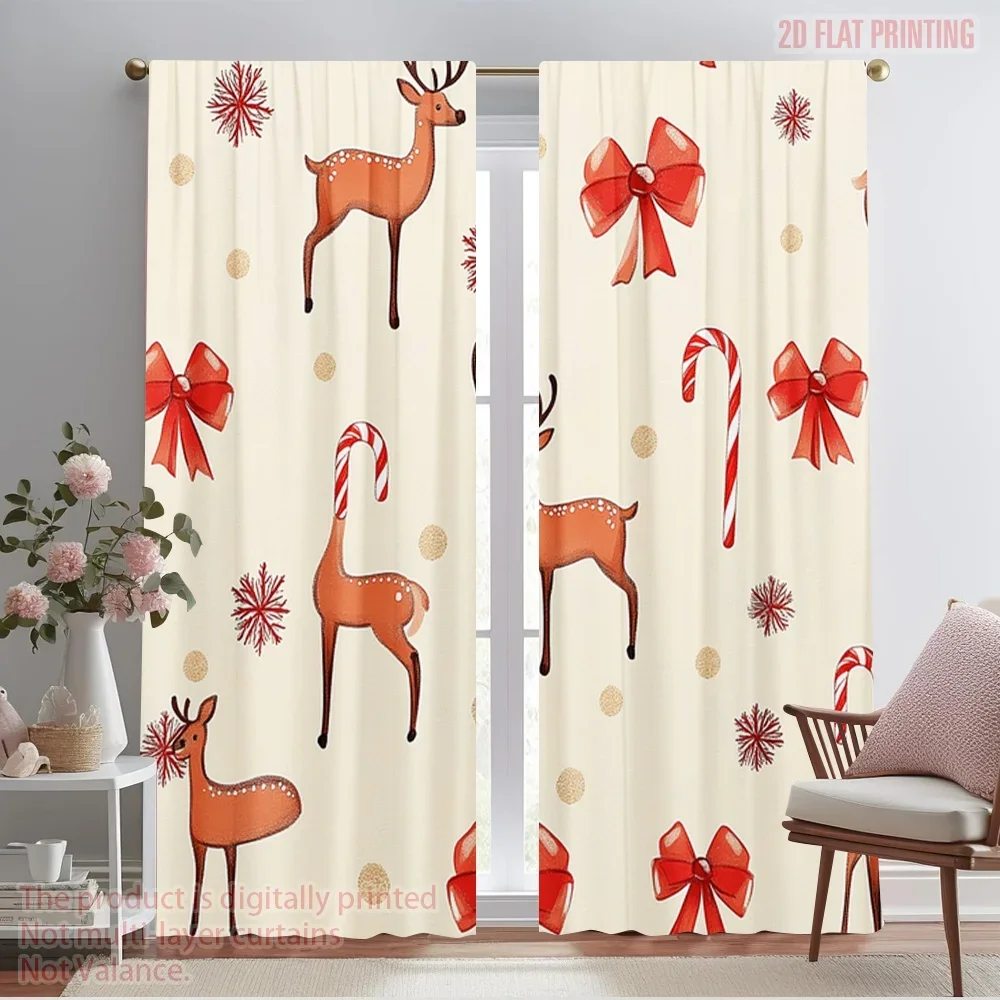 2pcs,2D plane printing Print Curtains Christmas Bows Reindeer Candies Baubles (2) Versatile Fabric (without rod) All Seasons Use