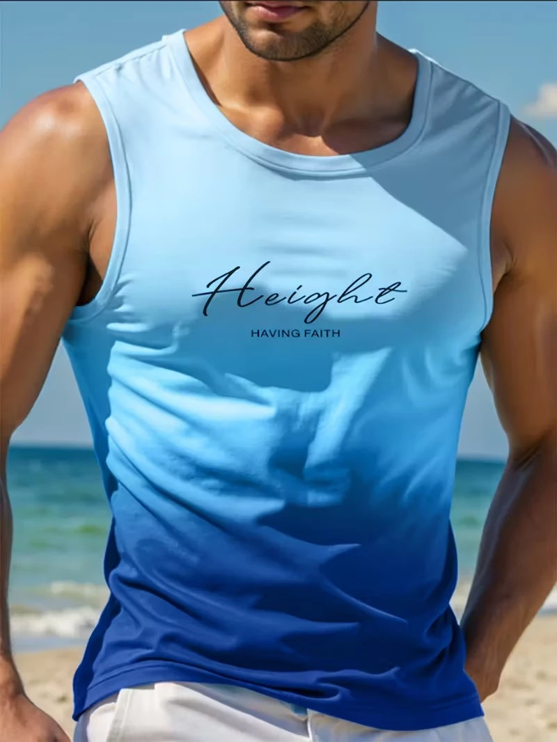 

Mens Breathable Summer Gradient Letter Print Sleeveless Tank Top Loose Workout Vest For Men Streetwear Summer Trendy Sports Tees