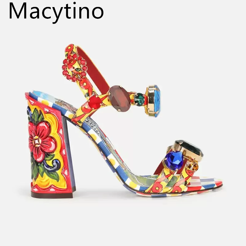 2024 Gem Decorative Print Design Ladies 14CM High Heel sandalias Round Toe Block Shoes Fashion Party Shoes