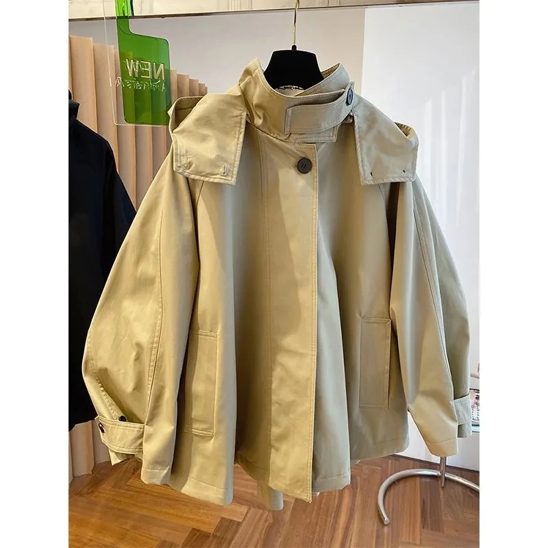 2024 Spring and Autumn New High-grade Fashion Cloak-style Loose Casual Zipper Hooded Long-sleeved Windbreaker Coat Woman