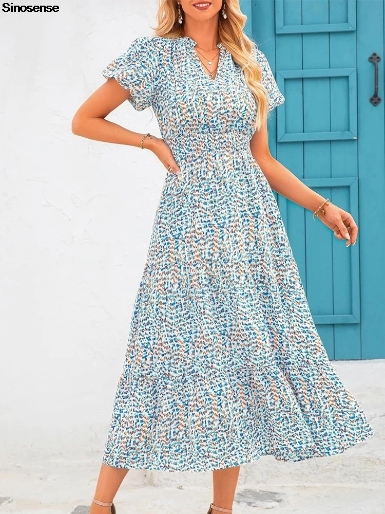 

Women Floral Summer Maxi Dress Sexy V Neck Puff Short Sleeve Smocked Ruffle Flowy Casual Summer Beach Boho Vacation Long Dress