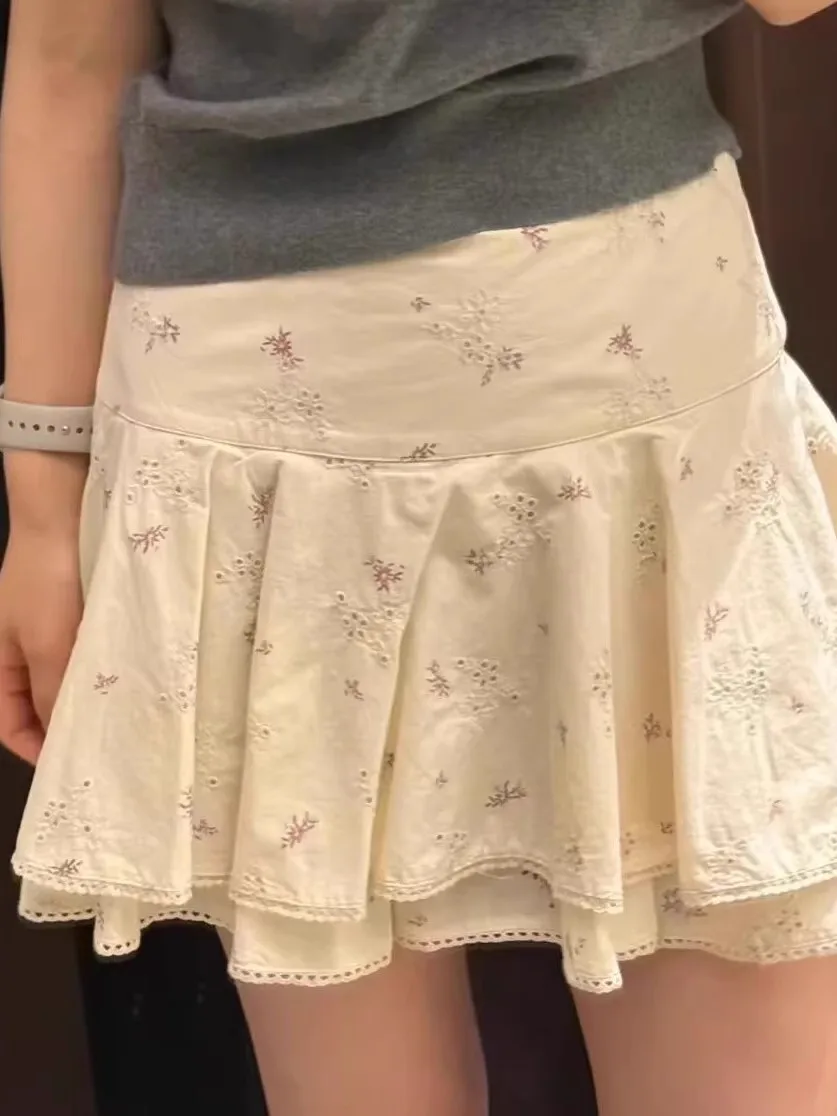 2025年夏新作 レディース 花柄刺繍 コットン ミニスカート ハイウエスト Aライン ショートスカート トレンド ガールズ ハーフ丈スカート