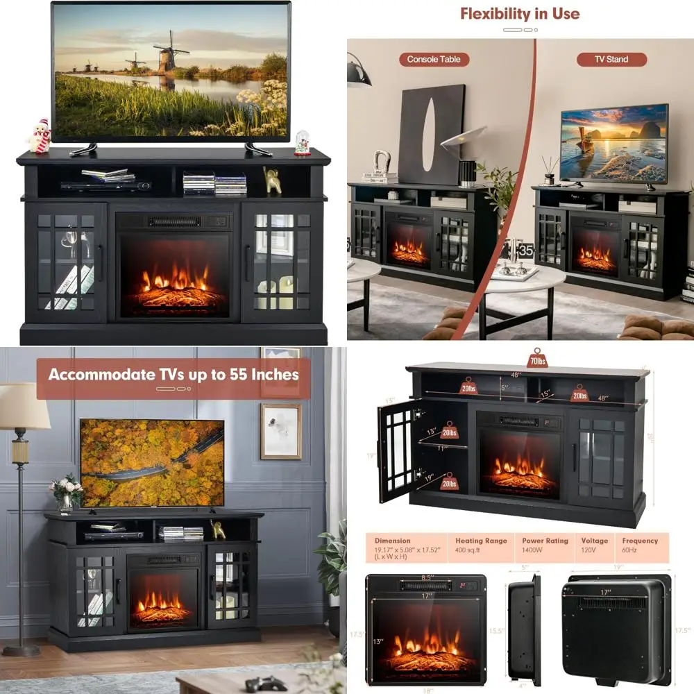 

COSTWAY Electric Fireplace TV Stand for TVs Up to 55 Inches, 18-Inch Fireplace Insert with Remote, Overheat Protection, 48-Inch