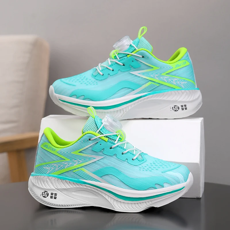 Kids Running Sneakers with Rotating Buckle Breathable Mesh Upper Cushioned Sole Lightweight Walking Sports Shoes for Boys Girls