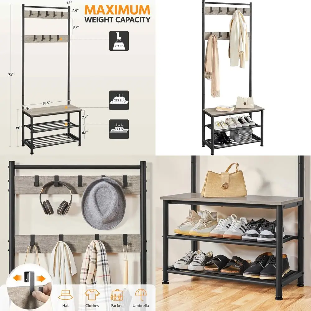 

Gray Industrial-Style Entryway Coat Rack with Shoe Bench and 9 Hooks