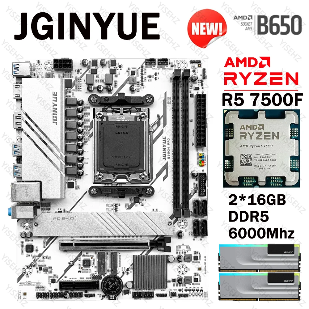 Placa base JGINYUE B650M PRO AMD Ryzen 5 7500F AM5 2*16GB DDR5 6000Mhz RAM soporte de doble canal PCIe 4,0 M.2 SATA 6 Gb/s HDMI