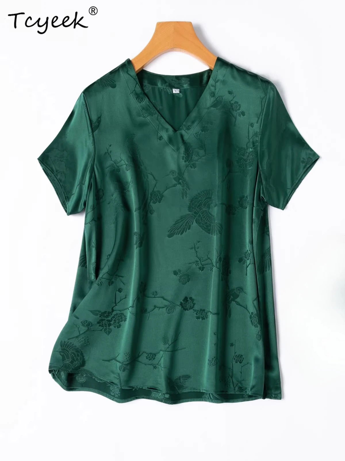 

Футболка Tcyeek из 100% натурального шелка, женская одежда на весну и лето, элегантные женские топы, шелковые футболки с короткими рукавами 28 мм, повседневные футболки Camisa Mujer