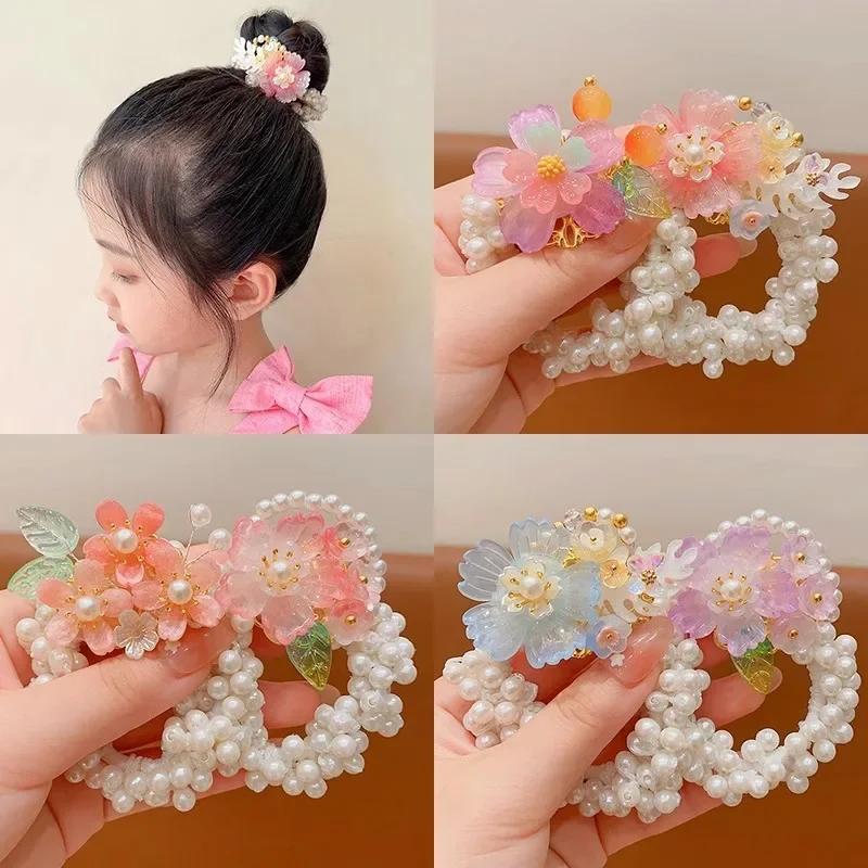 Children\'s Pearl Hair Circles Chinese New Year Girl Ancient Style Flower Hair Rope Headwear Girl New Year Festival Accessories