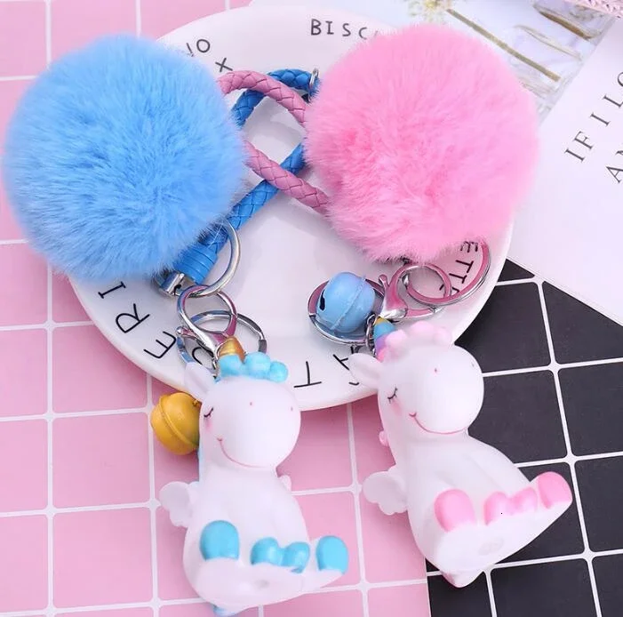 Lovely Unicorn Keychain BB Noisy Unicorn Doll Fur Pom Fluffy Ball Bell Faux Rabbit Hair Key Ring Toy For Women Girls Bag Pendant