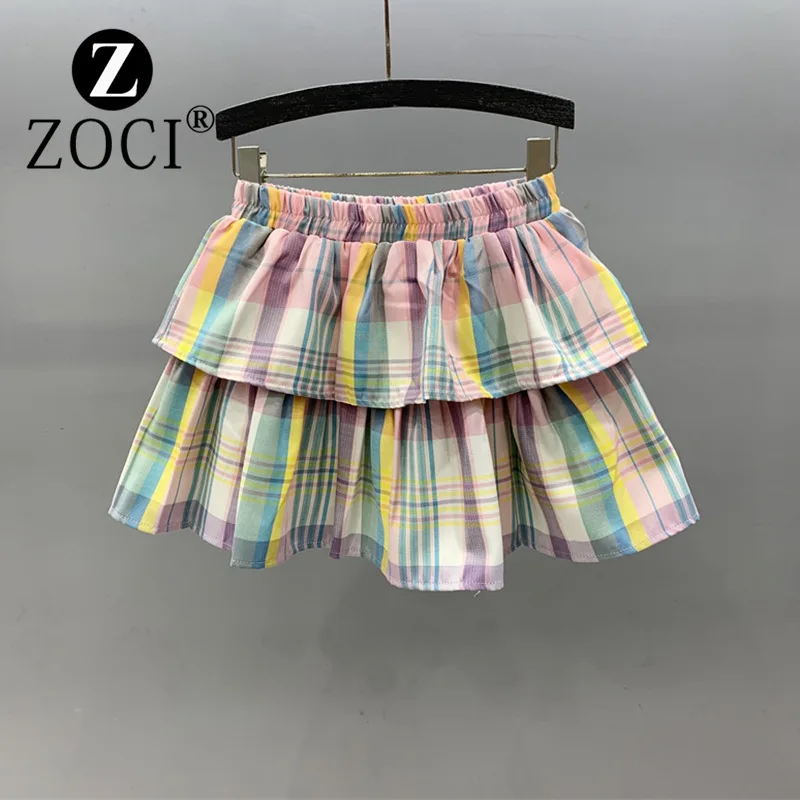 

[ZOCI] 2024 Summer New Gentle Style Colorful Checkered Puff Short Lotus Leaf Border Defense Skirt