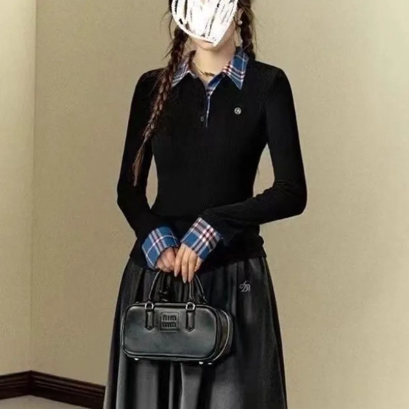Polo Long Sleeve T-shirt Women Plaid Patchwork Top Spring Autumn Clothing Korean Style Women's Shirt Black Red Khaki Outfit 2025