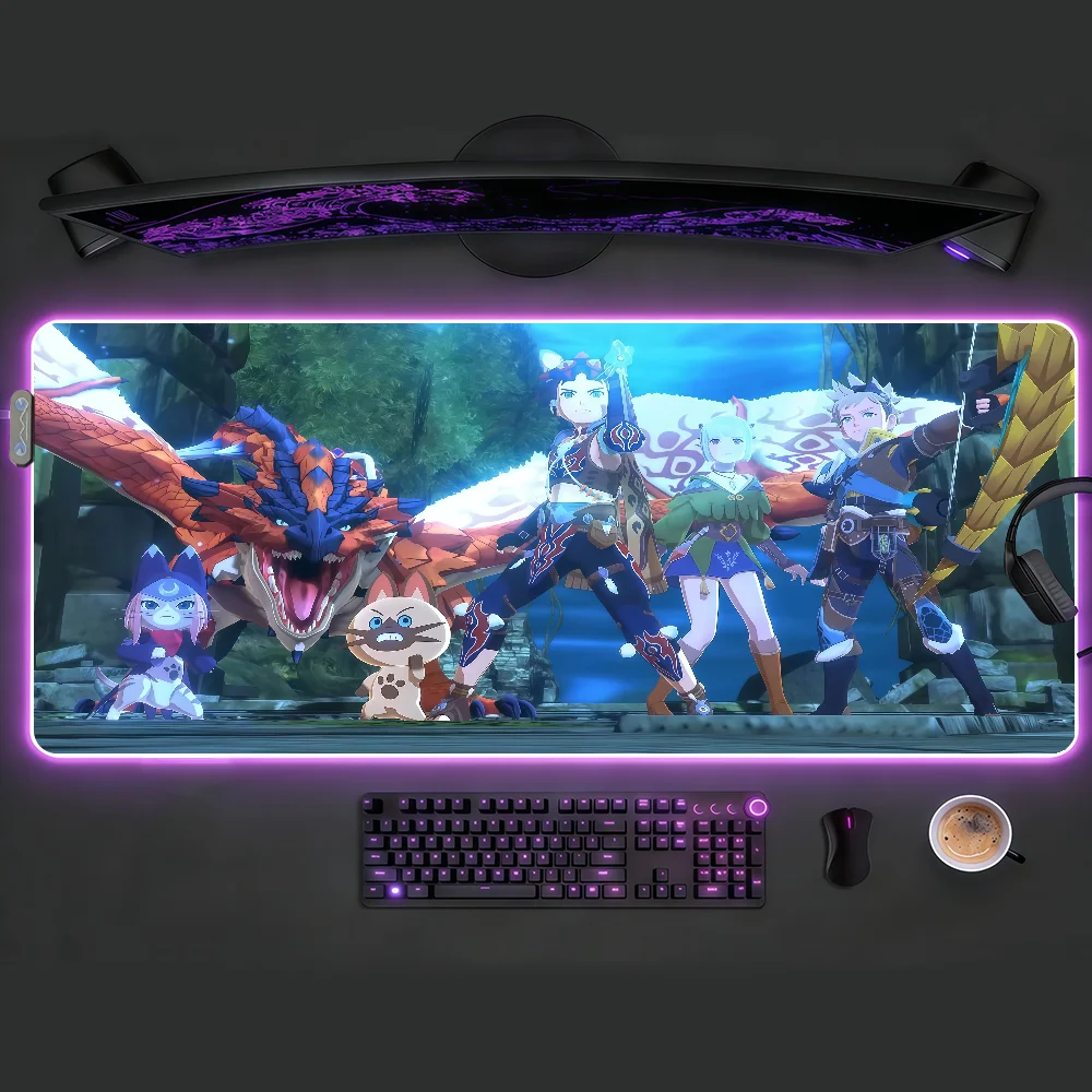 

M-Monster H-Hunter Wilds Mouse Pad RGB LED Non-slip Desk Mat Rubber Gaming Accessories Large XXL Computer Office Keyboard Carpet