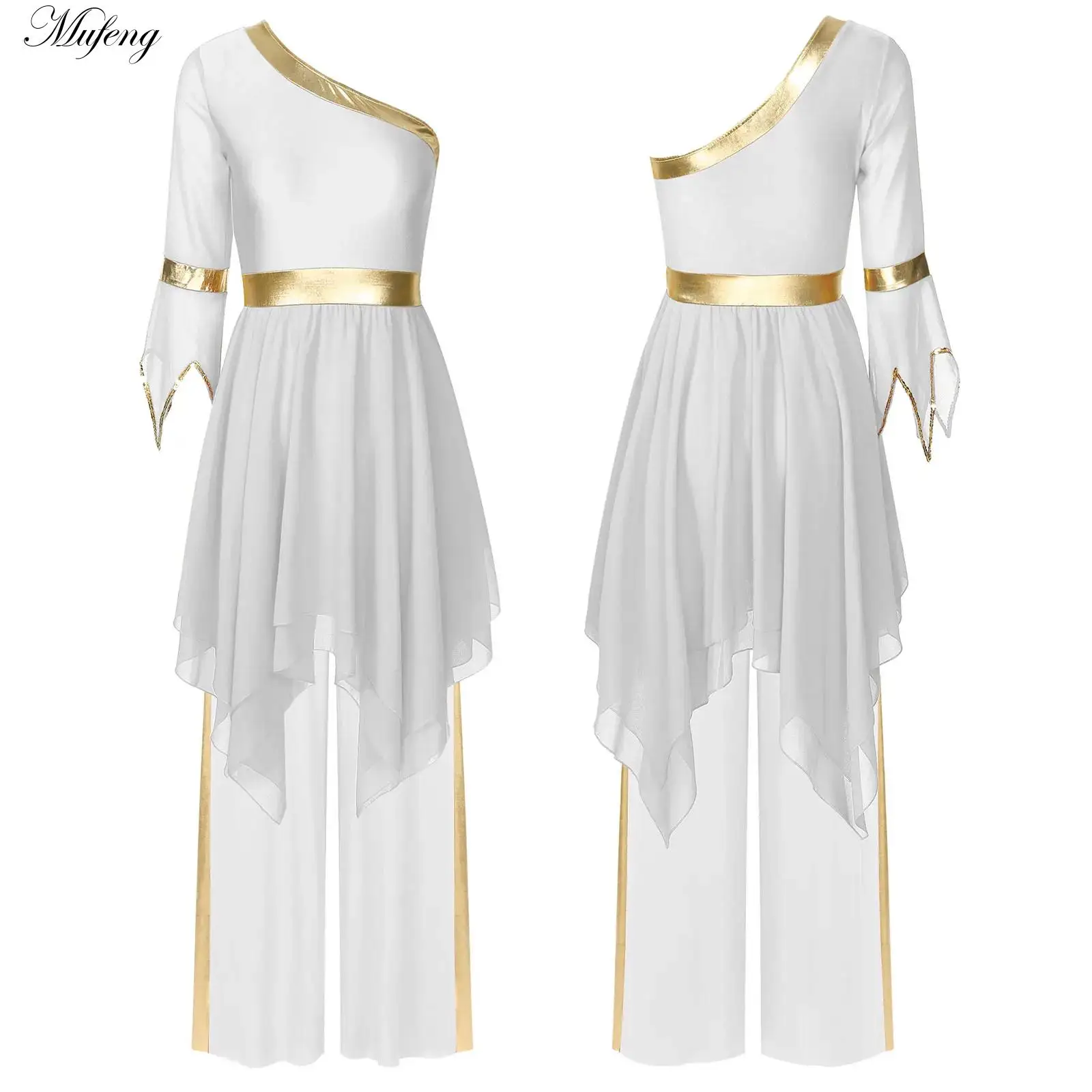 Womems Lyrical Praise Dance Dress Flared Sleeve Dresses +Wide-Leg Pants Church Worship Choir Dancewear Stage Performance Costume