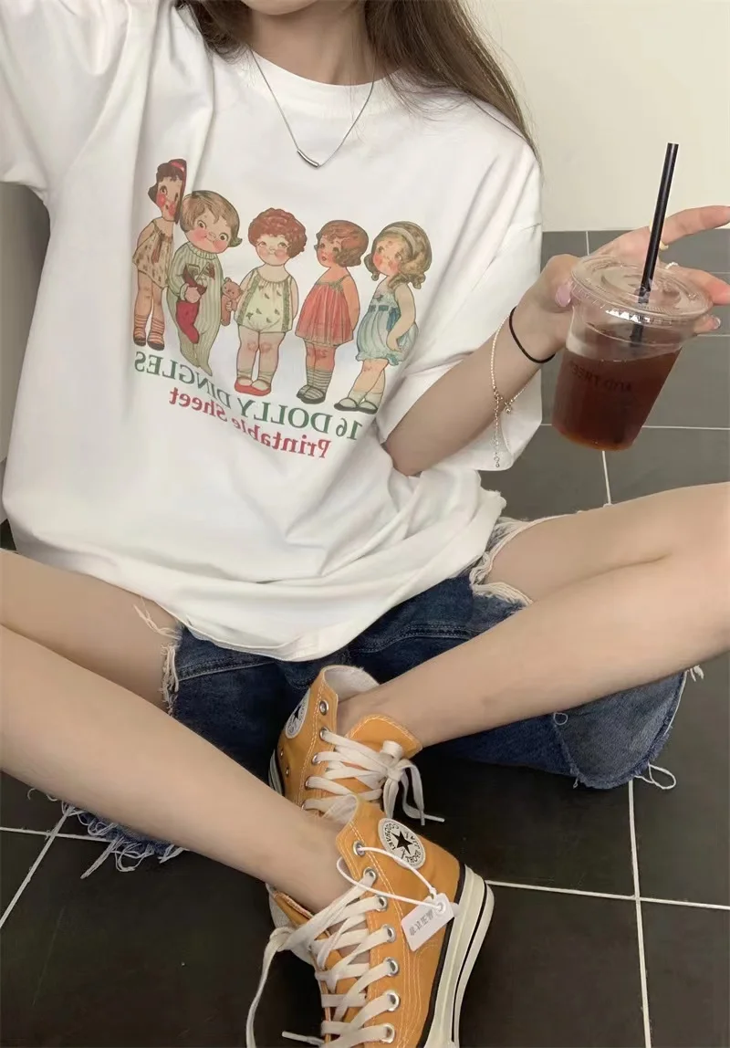 

Retro American ort Sve T-irt Women's Summer New Design Casual Cartoon Print ey Top Korean Sle round Ne Cotton 00%