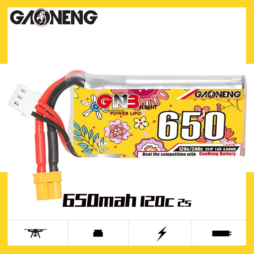 GAONENG GNB 650mAh HV 2S 120C 240C 7.6V XT30 LiPo Battery Multirotor 150 Size 120 FPV Torrent 110 Micro Mini Quadcopt