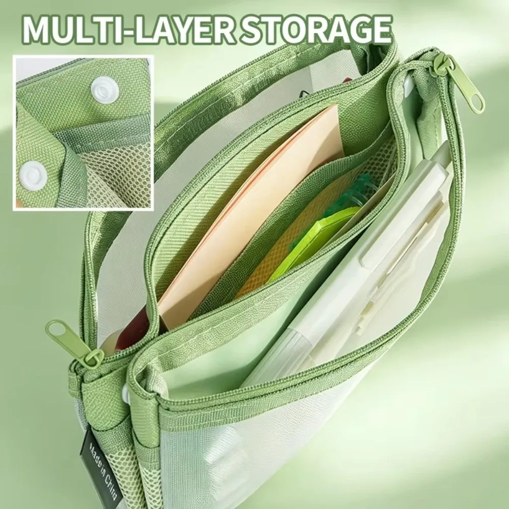 Multi-Functional Foldable Mesh Pencil Case Double Layer Snap Button Pencil Pouch Large Capacity Stationery Organizer Gift