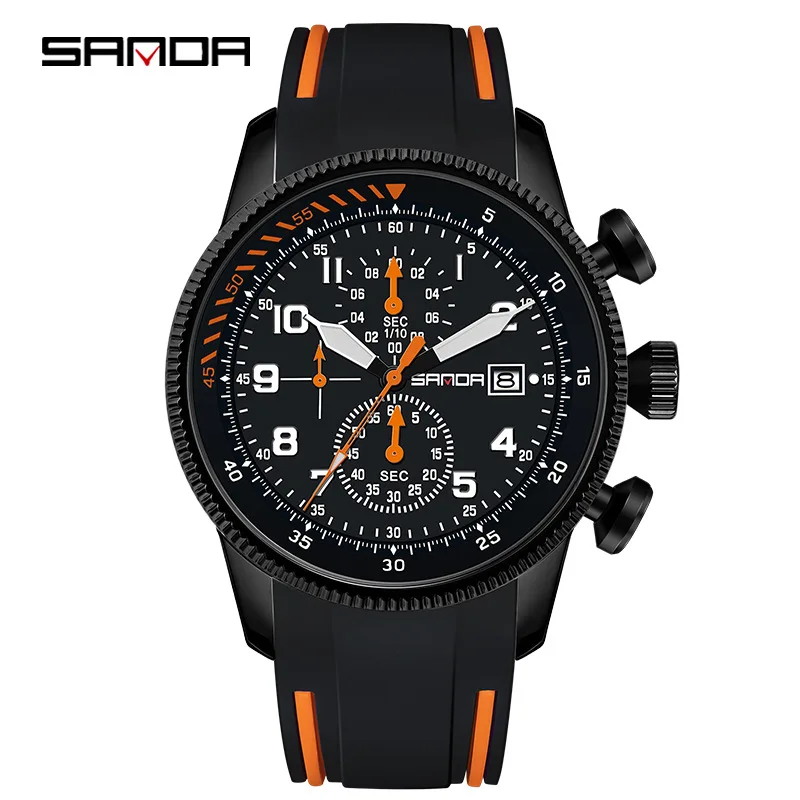 Sanda-Reloj de pulsera para hombre, accesorio de pulsera resistente al agua con múltiples funciones, 4 esferas, correa de silicona suave, movimiento de cuarzo japonés, 5507