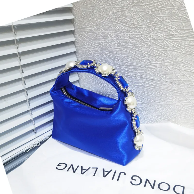 Retro Silk Satin Small Clutch Handbags For Women Fine Rhinestone Pearl Inlay Party Evening Bags Elegant Purple Rose red Tote Bag