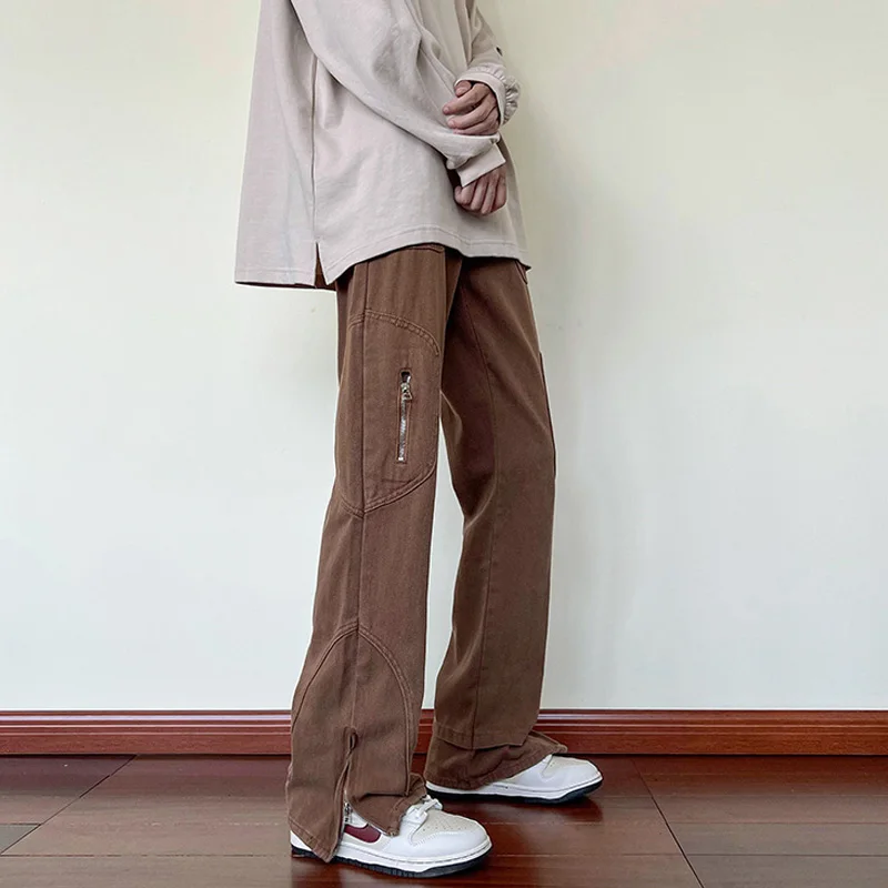 

Brown Slim Fit Micro Flare Men's Denim Jeans Vintage American Retro Straight Workwear Trousers Cleanfit Sle Casual Pants