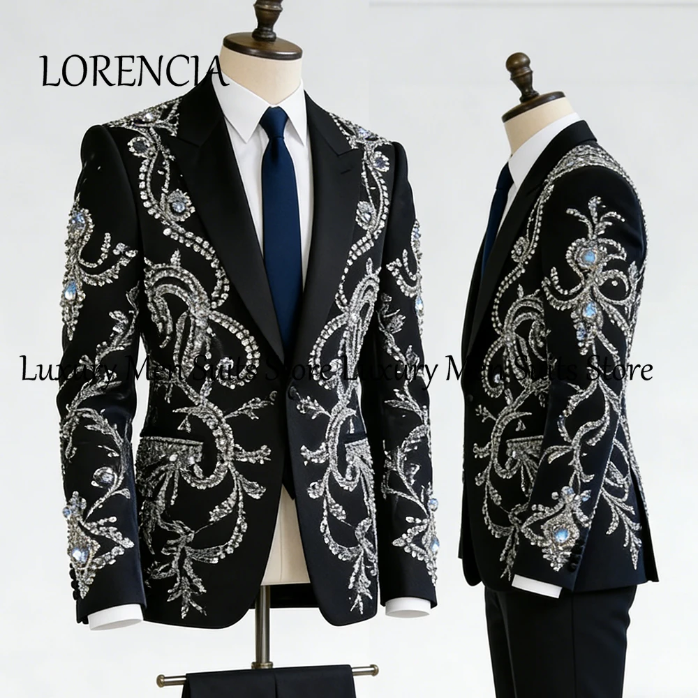 

Изысканные мужские костюмы с бриллиантами, 2 предмета, вечерние наряды с блестящими украшениями, смокинг для выпускного вечера, индивидуальный пошив, пиджак и брюки, одежда для мужчин