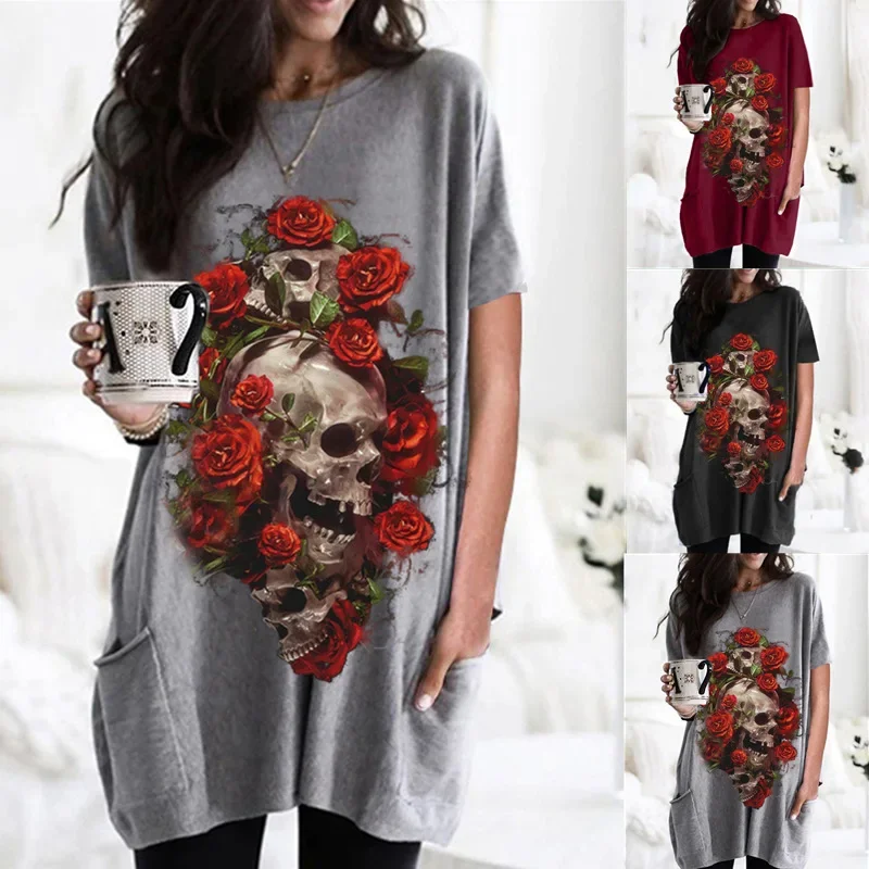 New Europe and The United States in The Spring and Fall Short-sleeved Rose Skull Print Casual Pocket T-shirt Blouse For Women's