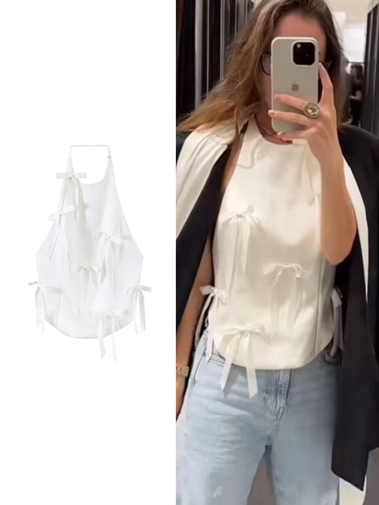 

Women Summer Vest Chic Elegant Bow Tied Halter Neck Backless Sleeveless Streetwear Fashion Solid Sweet Ladies Halter Tops