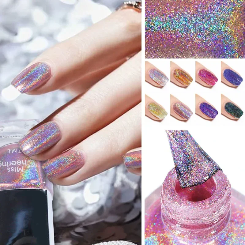 Esmalte de uñas con purpurina láser, esmalte de uñas holográfico de siete colores, Arco Iris, 3 en 1, a base de agua