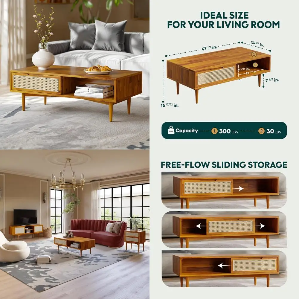 

Современный журнальный столик середины века с двумя ящиками и открытыми полками, приставной столик на ножках из массива дерева