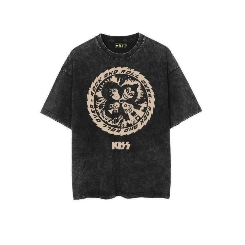 Kiss Mens Tshirt Alive in '77 Rock Band Old Washed Vintage Batik Men and Women Loose Short Sleeve Cotton T-Shirt