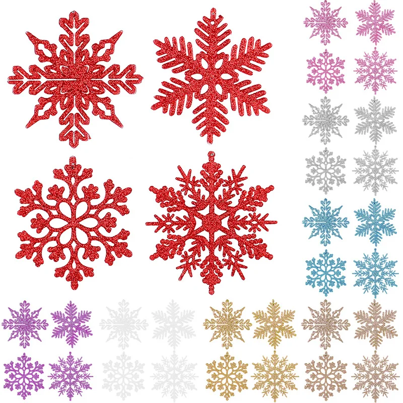 12pcs/set Pink Glitter Plastic Snowflake Ornaments Christmas Venue Decoration Xmas Tree Pendant For Home Winter Party Supplies