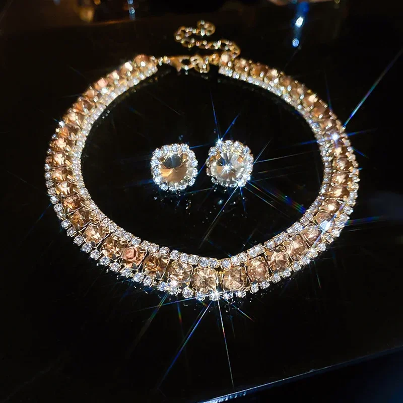 FYUAN Luxus Halskette Ohrringe Sets Grün Kristall Halskette Frauen Hochzeiten Braut Schmuck Zubehör – Detail 8