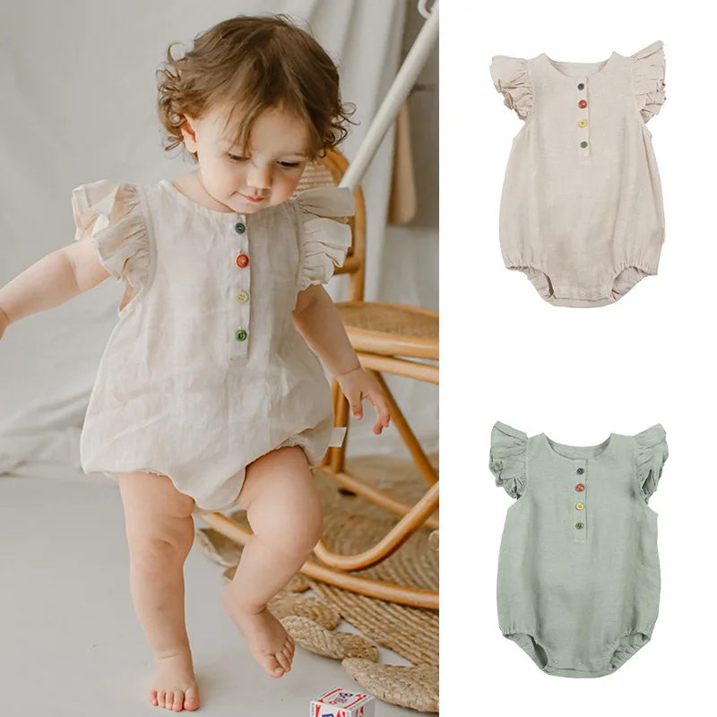 Summer Baby Girls Rompers Ruffles Romper for Toddler Cotton Linen Fly Sleeveless Newborn Infant Rompers Bodysuits Baby Clothing