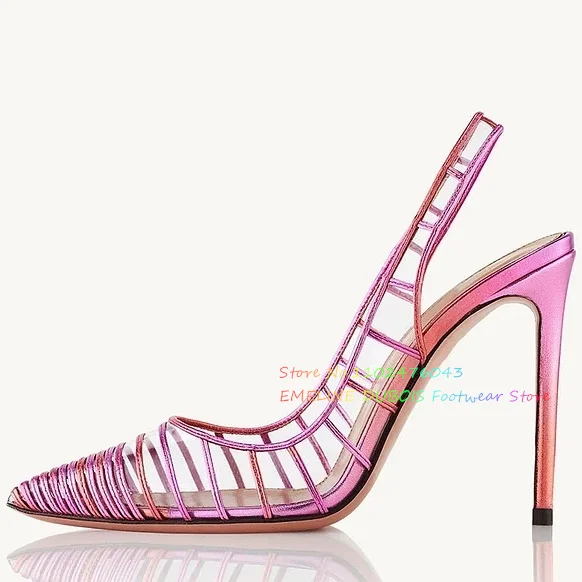 Pink Metallic Strips Pointed Pump Women Sexy Leather Hollow Pvc Stiletto Heel Slingback Light Dress Seaside Vacation Shoes