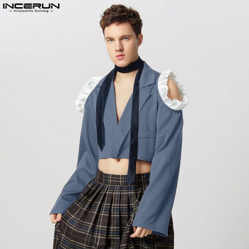 Fashion Casual Style Tops INCEURN Handsome Men's Cropped Hollow Suit Coat Male Sexy Spliced Flounce Pleated Long Sleeved Blazers