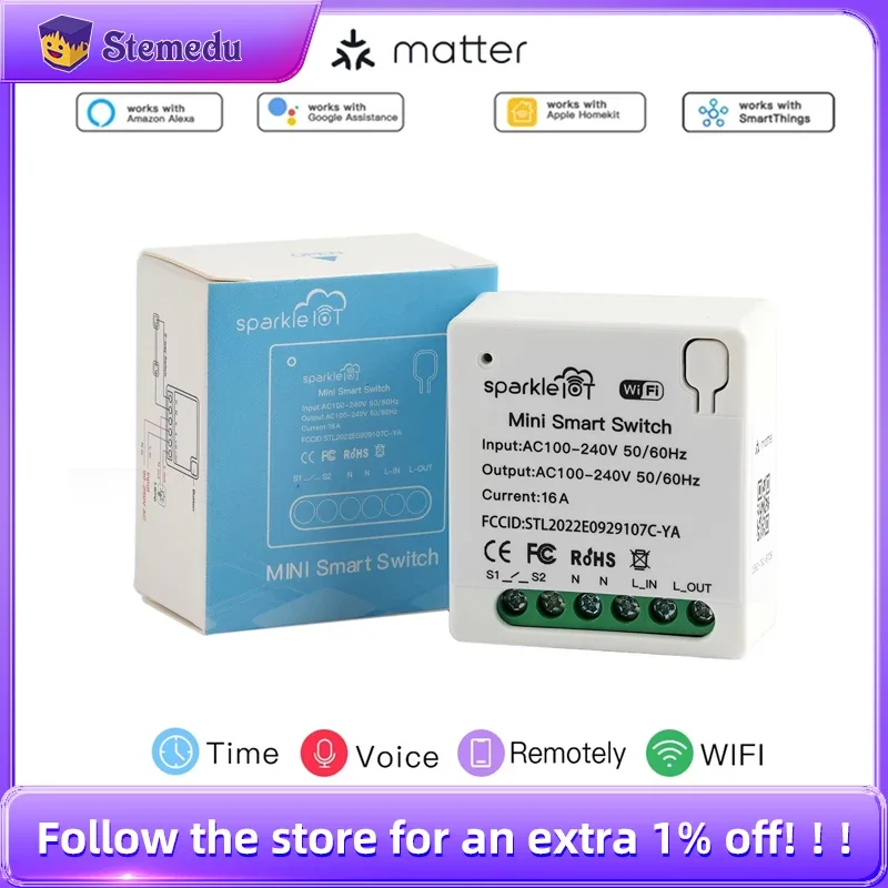 Smart IOT Matter 16A WiFi mini Smart Switch Pass-through Disconnect Dual Control Outletorks Work For Apple HomeKit Alexa Google