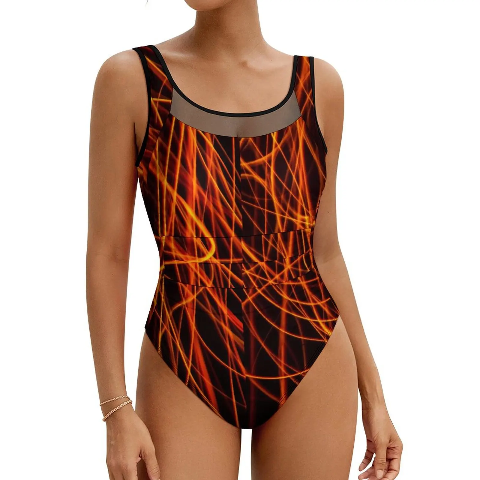 Hot Fire Swimsuit Red Lines Print Swimwear One Piece Vacation Bath Bodysuit Sleeveless Bathing Suit Lady Push Up Sexy Beach Wear