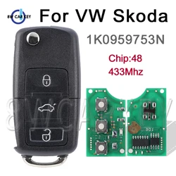 Flip Car Remote Key For VW PASSAT B5 B6 For Skoda CADDY GOLF JETTA Tiguan POLO Smart Key 1K0959753N ID48 Chip HU66 433Mhz