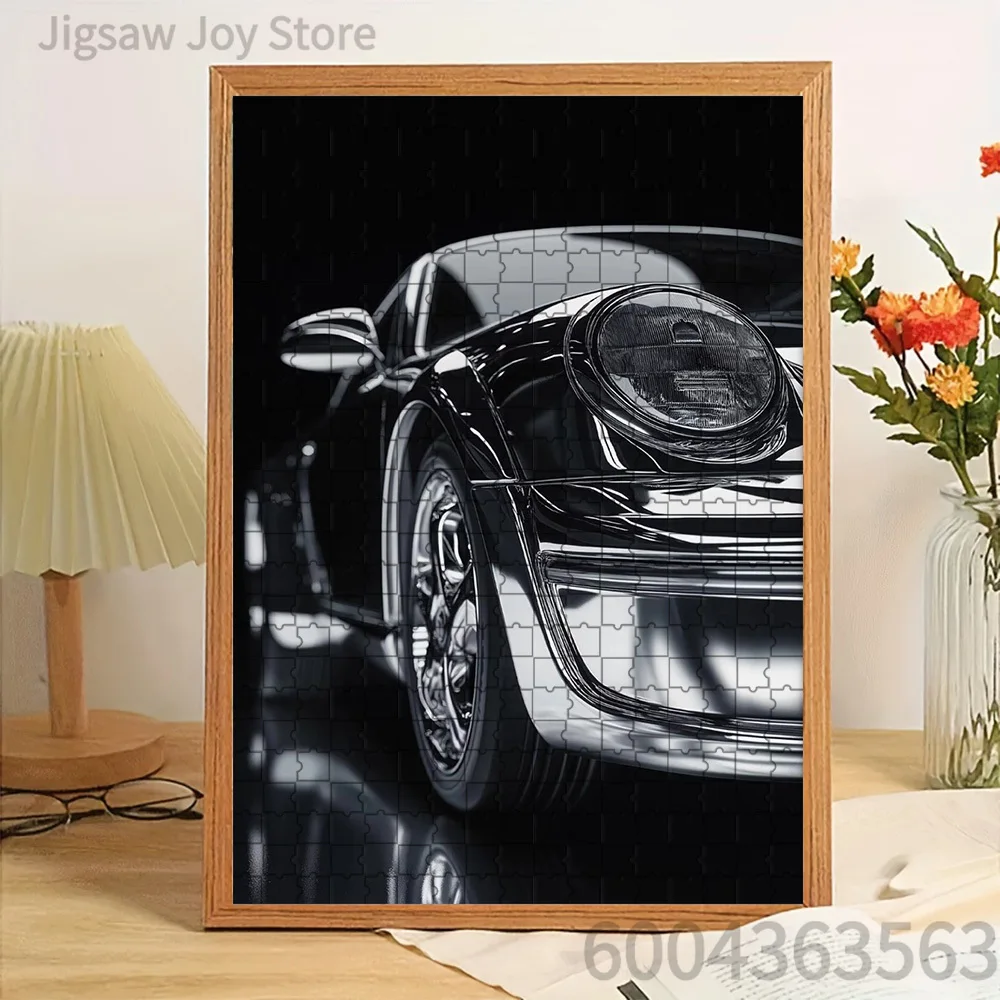 Glossy Black Retro Sports Car Paper Jigsaw Puzzle, Classic Luxury Vehicle Close-up Art Paper Puzzle for Adults, Creative DIY Pap