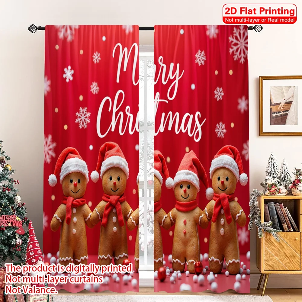 

2pcs 2D flat printing Christmas Drapes Gingerbread Christmas Snowflakes Greeting Polyester Fabric Without Electricity Festive