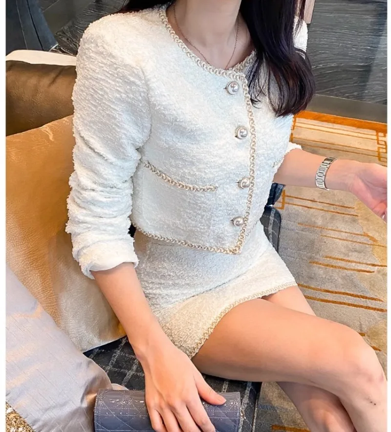 

White Tweed Two Piece Sets Women Korean Chic Tops and Mini Skirts Business Streetwear Elegant Skirt Sets Evening Party