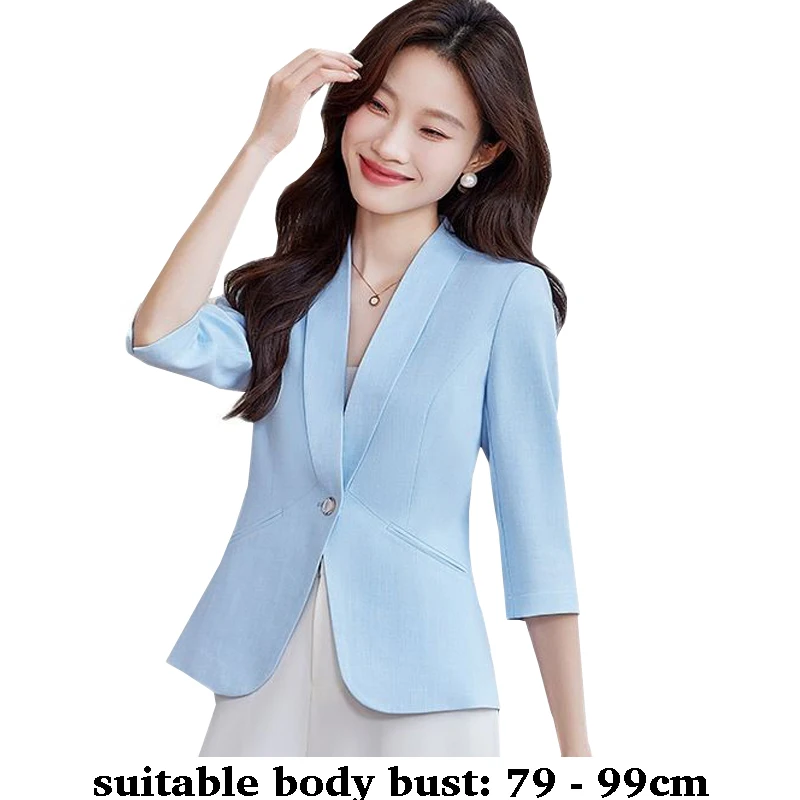 

High quality blazer for women 3/4 sleeve slim jacket one button autumn spring 2025 elegant office clothes pink blue beige