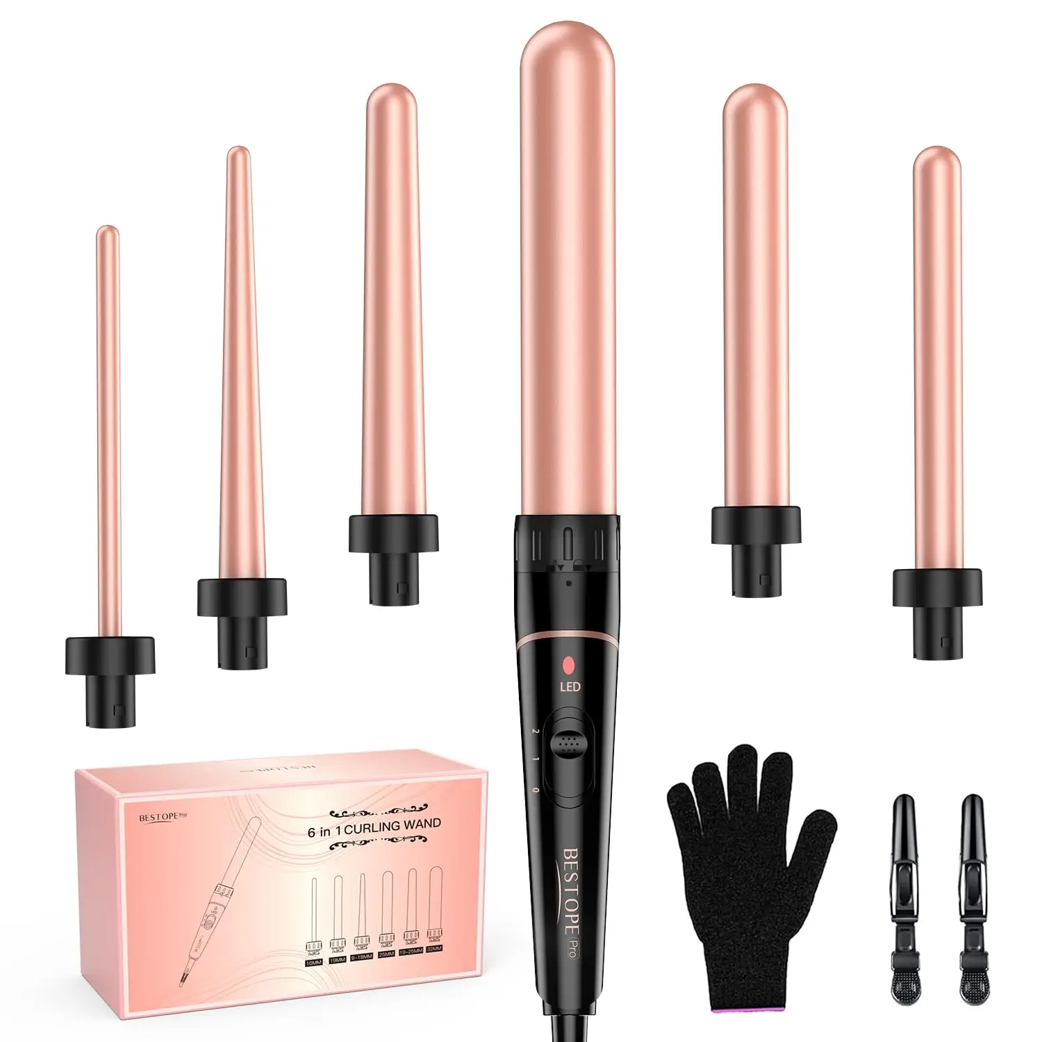 

6-in-1 Ceramic Curling Wand Set with Long Barrel, Interchangeable Tips for All Hair Types, Dual Voltage Travel Friendly
